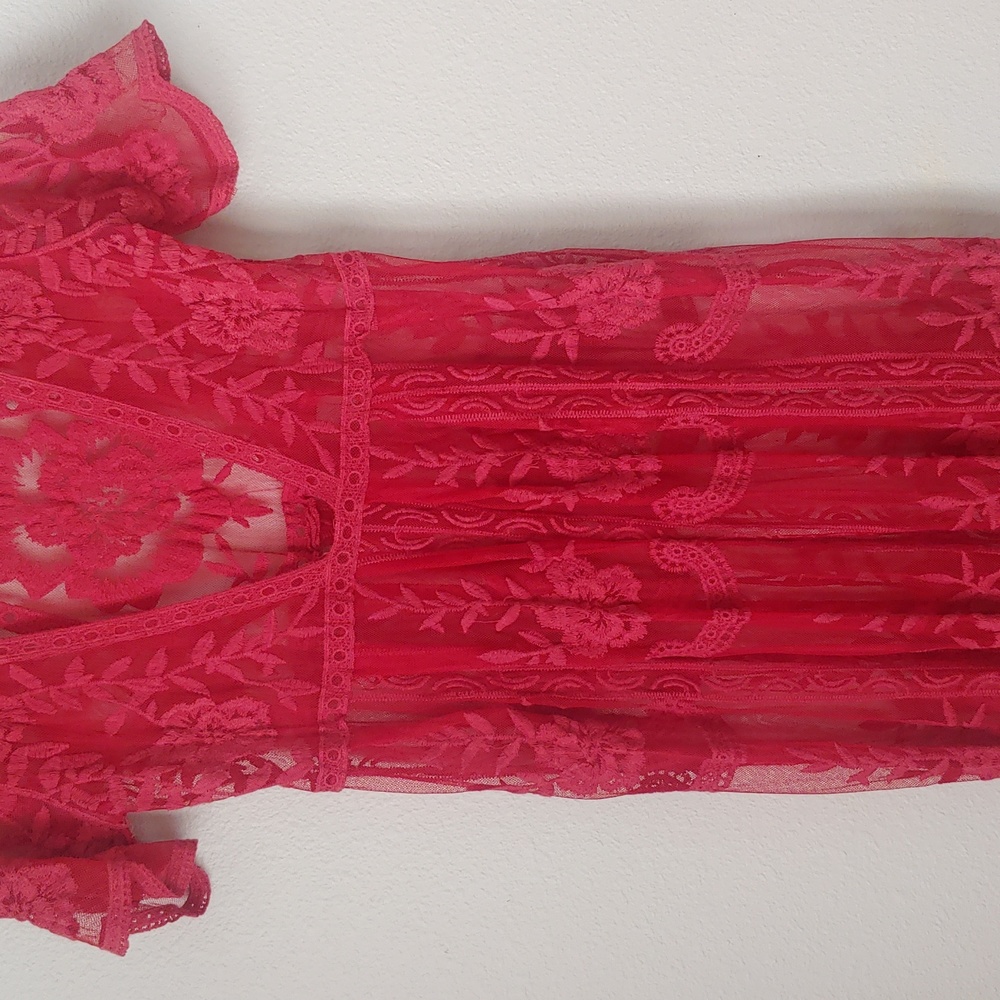 Red Lace V-Neck Women's Dress - Picture 3 of 14